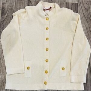 VTG Castleberry Knit Cardigan Jacket Ivory Cream Gold Buttons Sz 16 Old Money 80